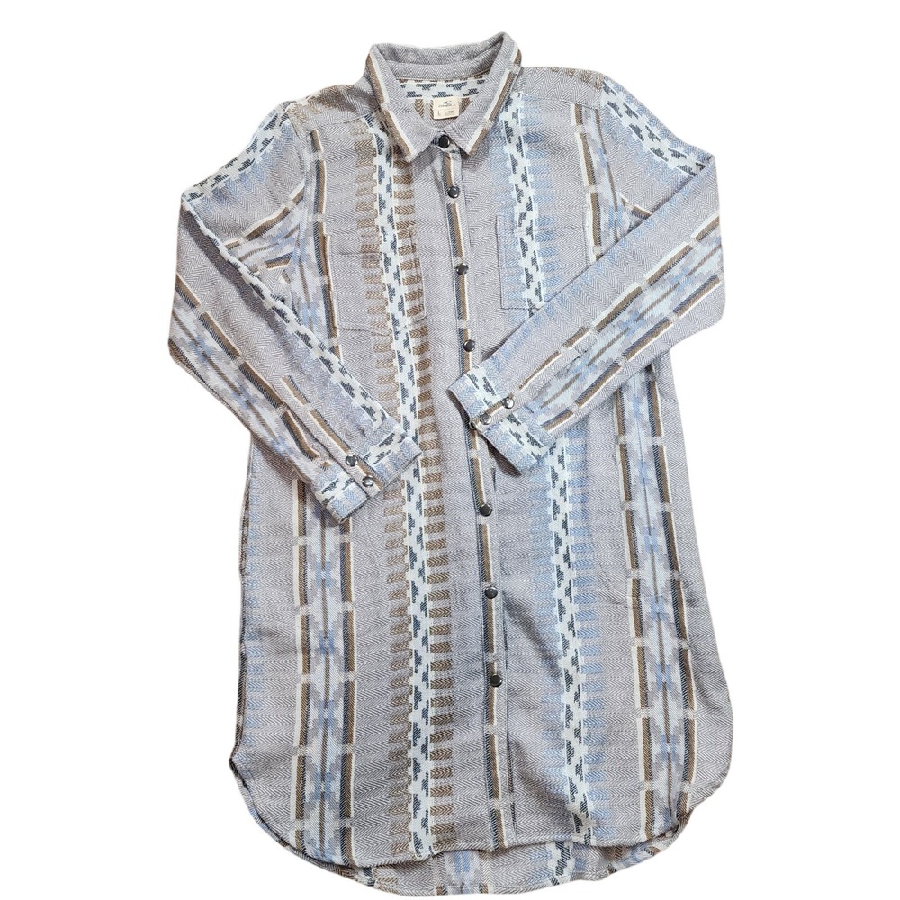 ONeill Womens Large Blue Tan Southwestern Geometric Longline Shirt Dress‎ Tunic